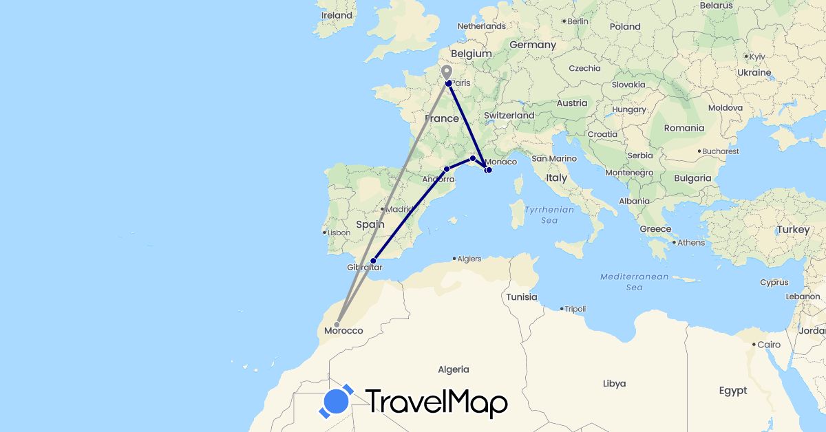 TravelMap itinerary: driving, plane in Spain, France, Morocco (Africa, Europe)